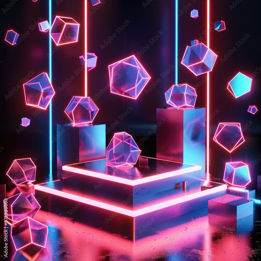 Poster a neon podium surrounded by glowing 3d geometric shapes, such as tetrahedrons and octahedrons, for a