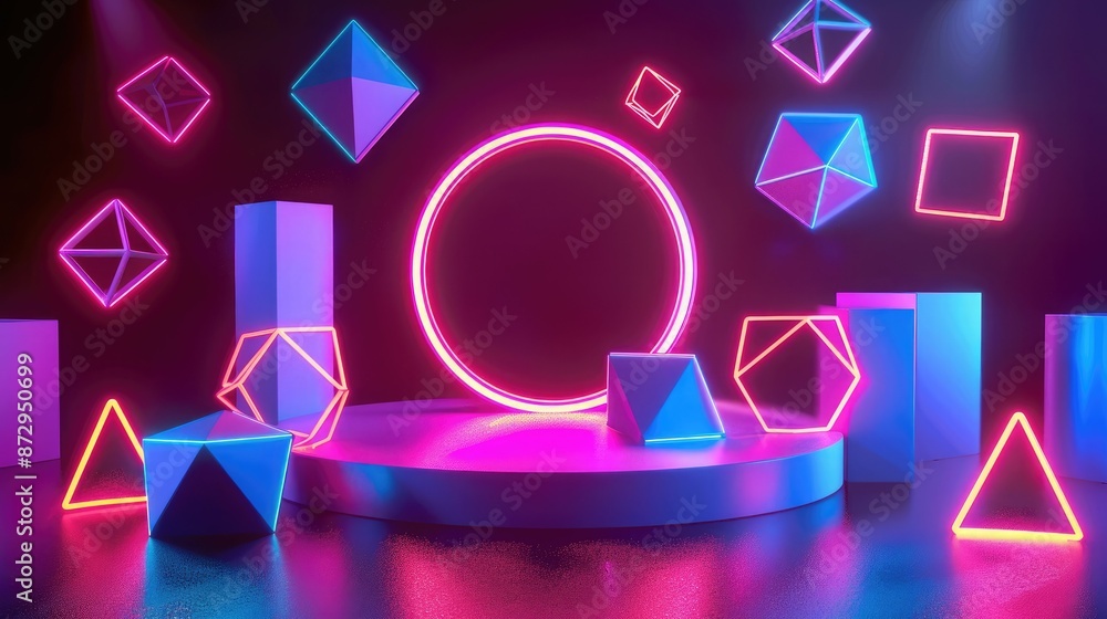 Poster a neon podium surrounded by glowing 3d geometric shapes, such as tetrahedrons and octahedrons, for a
