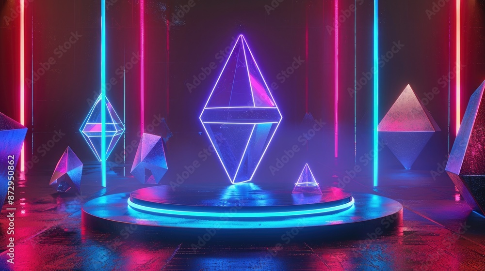Poster a neon-lit podium with a variety of glowing geometric shapes, including cones and polyhedrons, creat