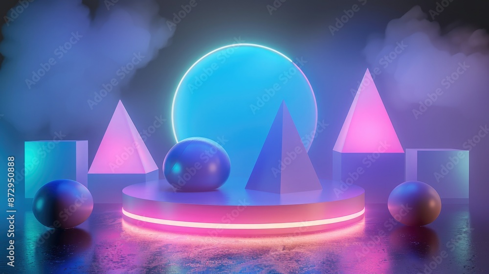 Poster a neon-lit podium with a variety of glowing geometric shapes, including cones and polyhedrons, creat