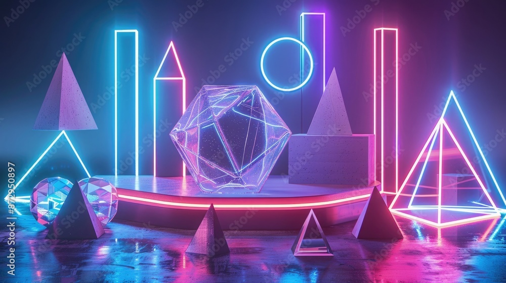 Poster a neon-lit podium with a variety of glowing geometric shapes, including cones and polyhedrons, creat