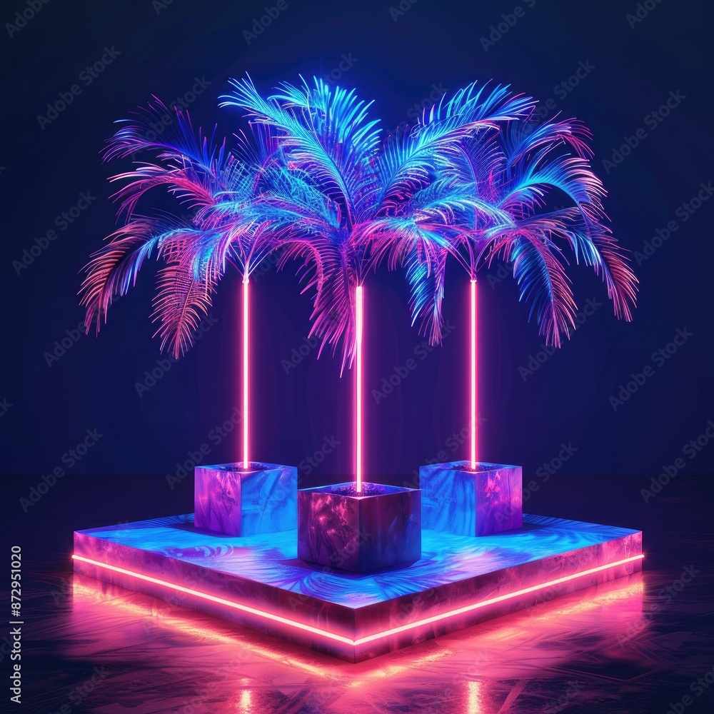 Poster A square pedestal with neon lights and palm trees, set against a dark background for a striking and dramatic visual effect.