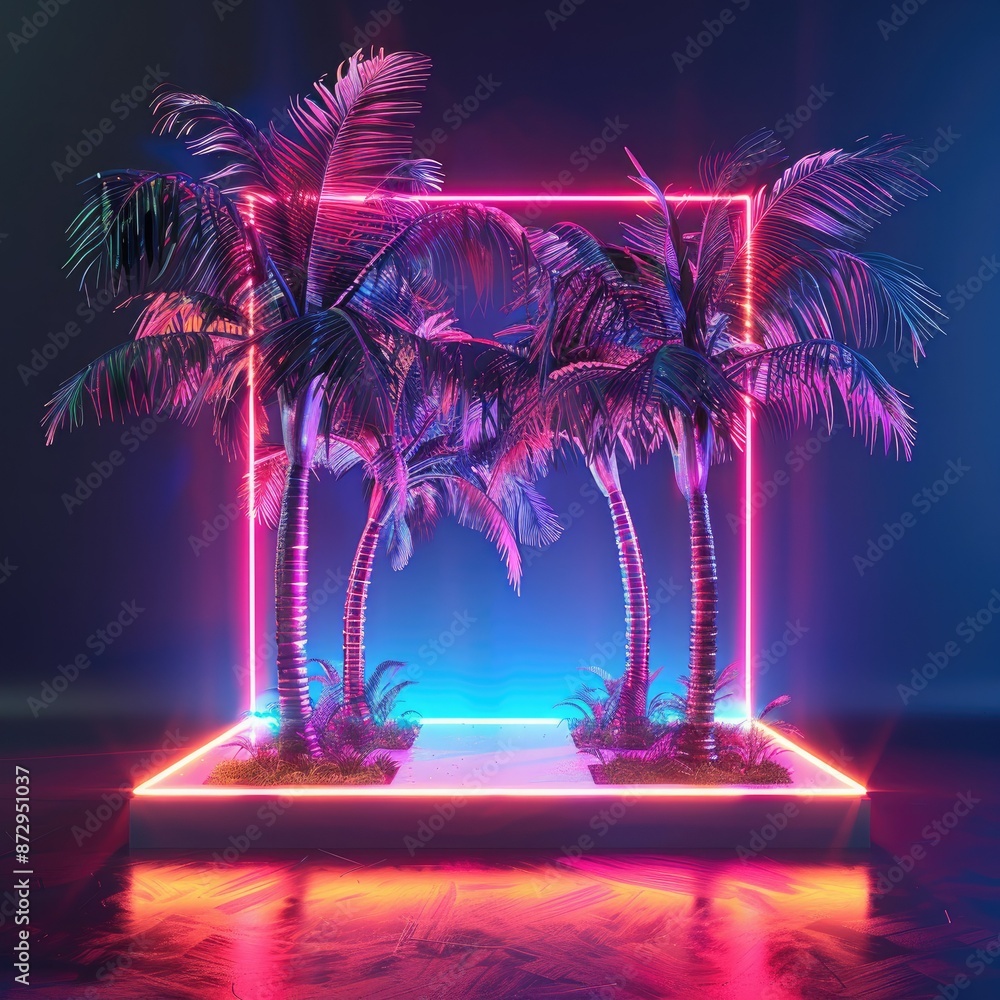 Poster a square pedestal with neon lights and palm trees, set against a dark background for a striking and 