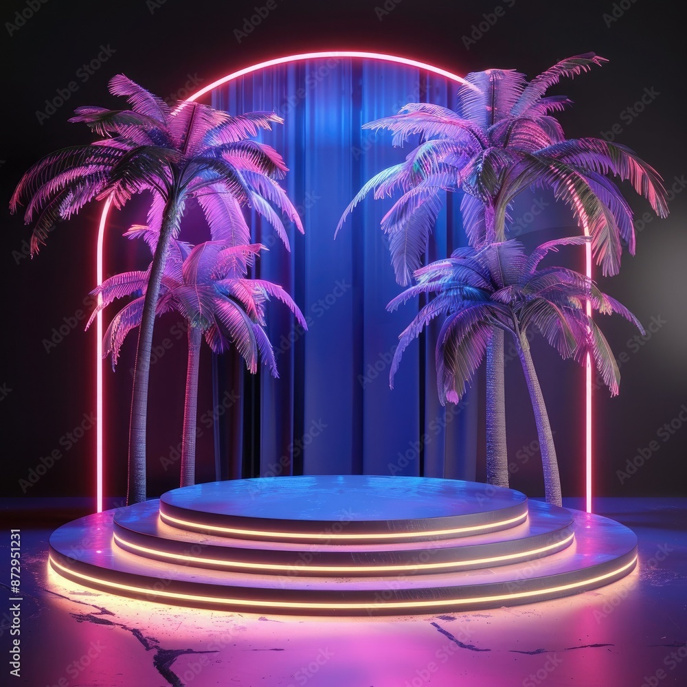 Poster A 3D render of a minimalist podium with palm trees and neon lights, set against a dark backdrop for a sleek and contemporary look.