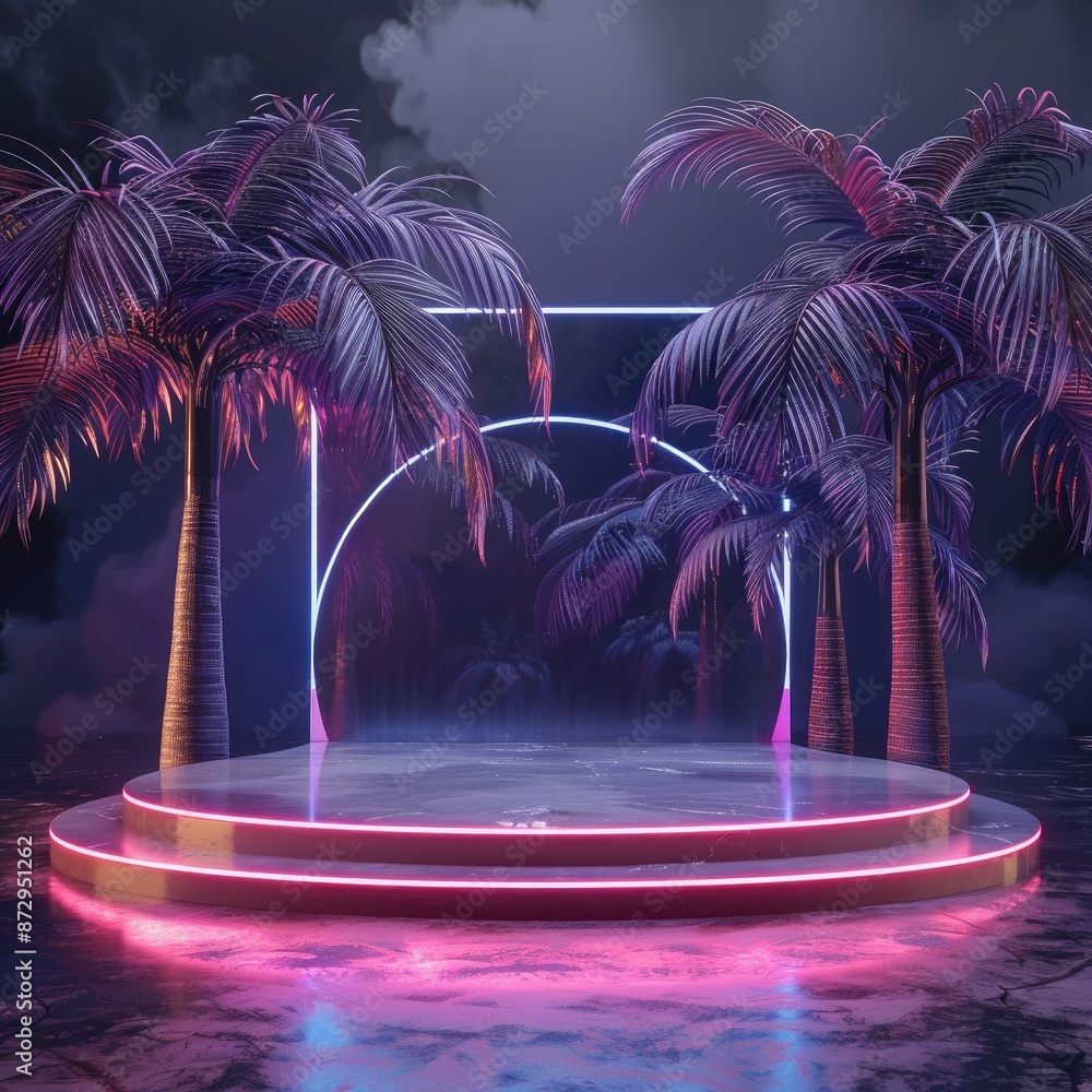 Poster A 3D render of a minimalist podium with palm trees and neon lights, set against a dark backdrop for a sleek and contemporary look. 