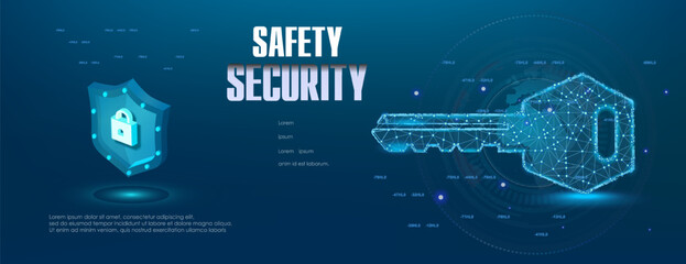 Safety and protection. Cyber banner with glowing transparent key and holographic security shield. Glowing electronic key with closed code. Digital security concept with digital lock, key and shield