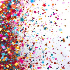 Vibrant multicolored confetti explosion on a white background, symbolizing celebration, fun, and festivity.