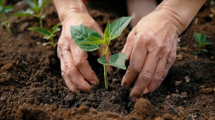 Close-up of hands planting a tree sapling in rich, dark soil