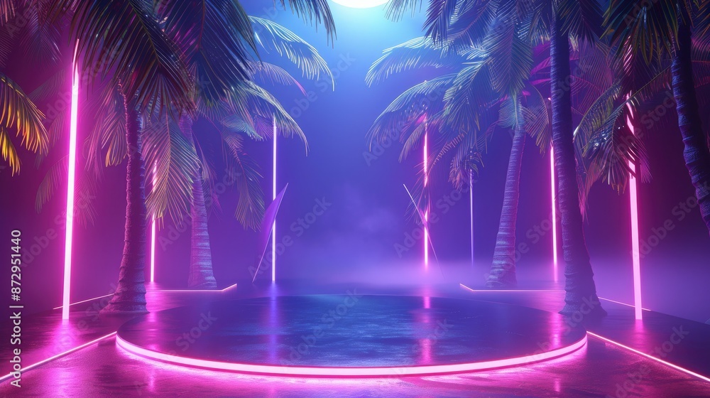 Poster A circular podium surrounded by neon-lit palm trees, creating a futuristic and immersive environment for showcasing products. 