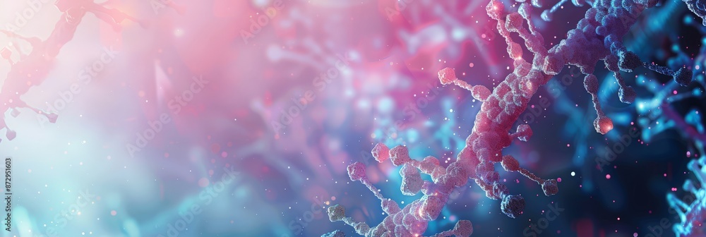 Poster colorful molecular chain with connecting nodes against a gradient background. ideal for nanotechnolo