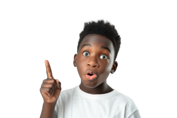 Portrait of an african pre-teenager with a surprised facial expresion and pointing upwards with his finger. Transparent background