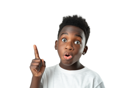 Portrait of an african pre-teenager with a surprised facial expresion and pointing upwards with his finger. Transparent background - Powered by Adobe