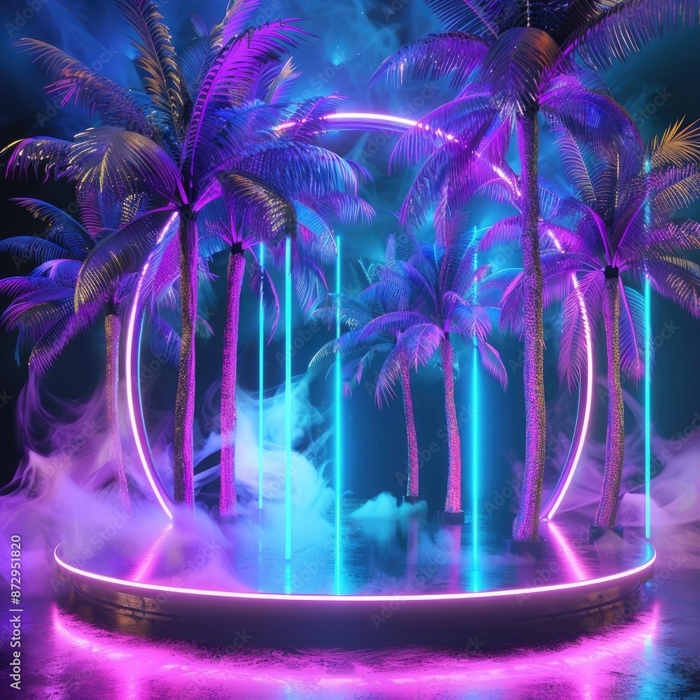 Poster A circular podium surrounded by neon-lit palm trees, creating a futuristic and immersive environment for showcasing products. 