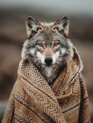 Fototapeta premium Majestic Gray Wolf Wrapped in Traditional Ottoman Kaftan Stands Amidst Snowy Turkish Mountain Landscape