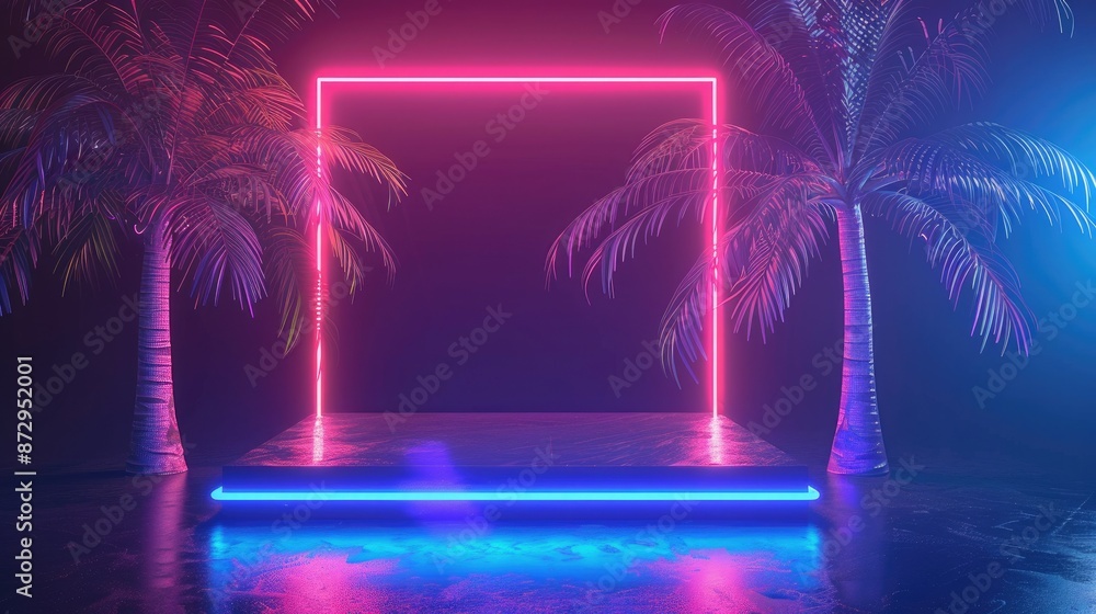 Poster a square pedestal with neon lights and palm trees, set against a dark background for a striking and 