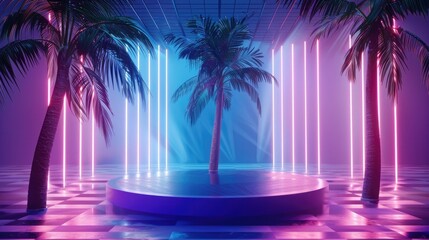 Obraz premium An empty pedestal with palm trees and neon lights in a lattice pattern, providing a unique and eye-catching product showcase. 