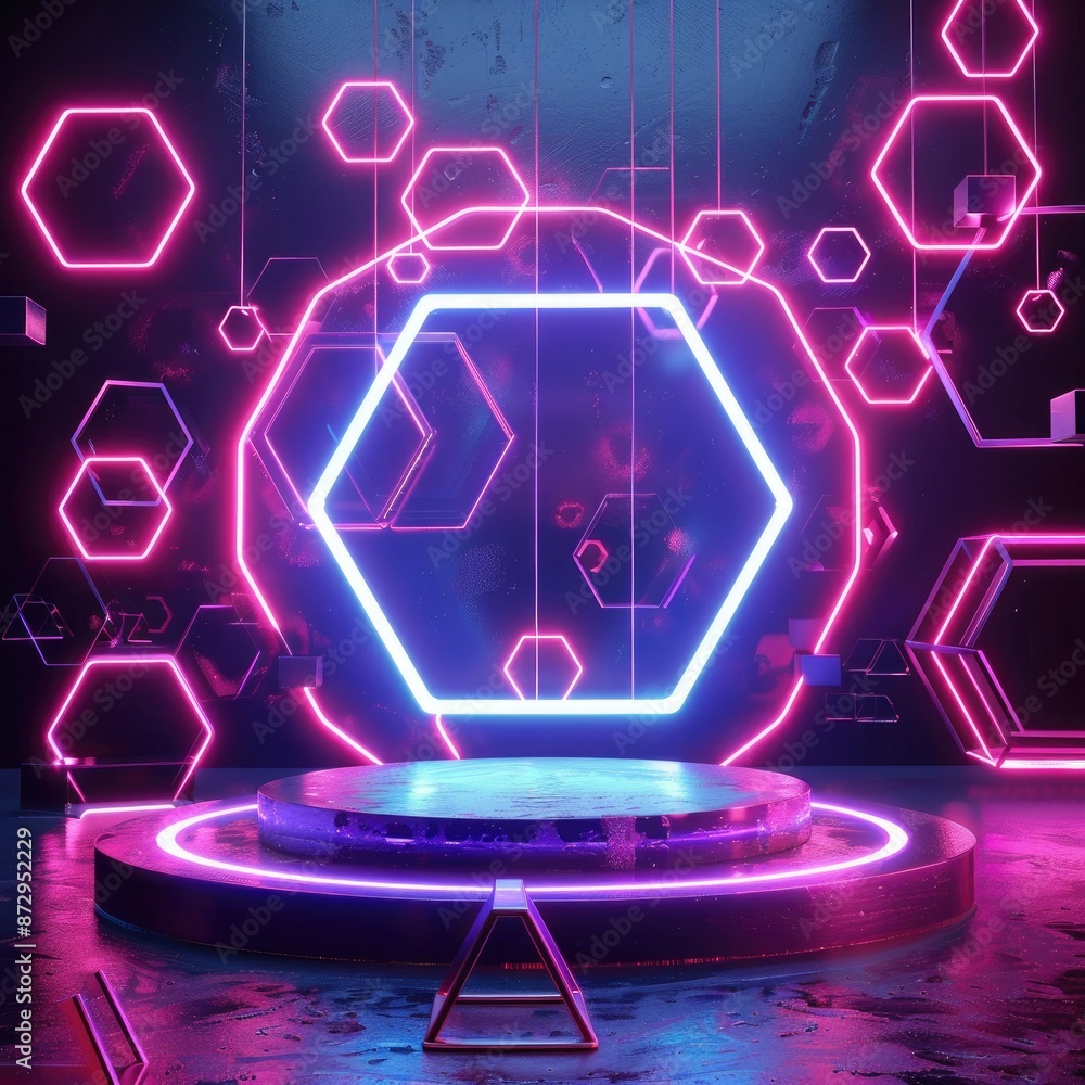 Poster A circular neon podium with glowing hexagons and triangles around it, creating a futuristic and dynamic composition. 