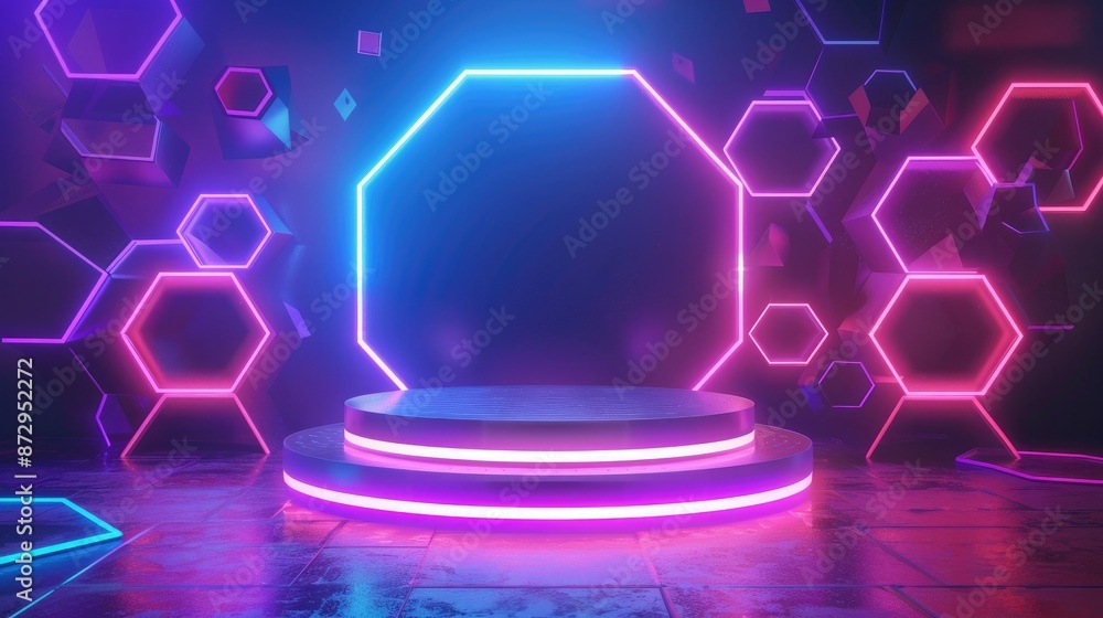 Poster A circular neon podium with glowing hexagons and triangles around it, creating a futuristic and dynamic composition. 