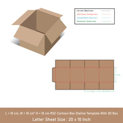 L = 10 cm, W = 10 cm” H = 10 cm RSC Cartoon Box Dieline Template With 3D Box