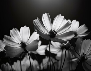 Background with contrasting black and white flowers in a minimalist style