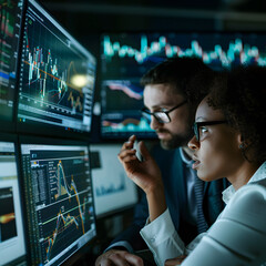Fototapeta premium Portfolio managers are diligently analyzing current market trends to make informed investment decisions. They utilize comprehensive data analysis, economic indicators, and industry insights to assess.