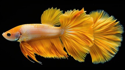 Fototapeta premium Vibrant Yellow Betta Fish with Flowing Fins on Black Background. Siamese Fighting Fish