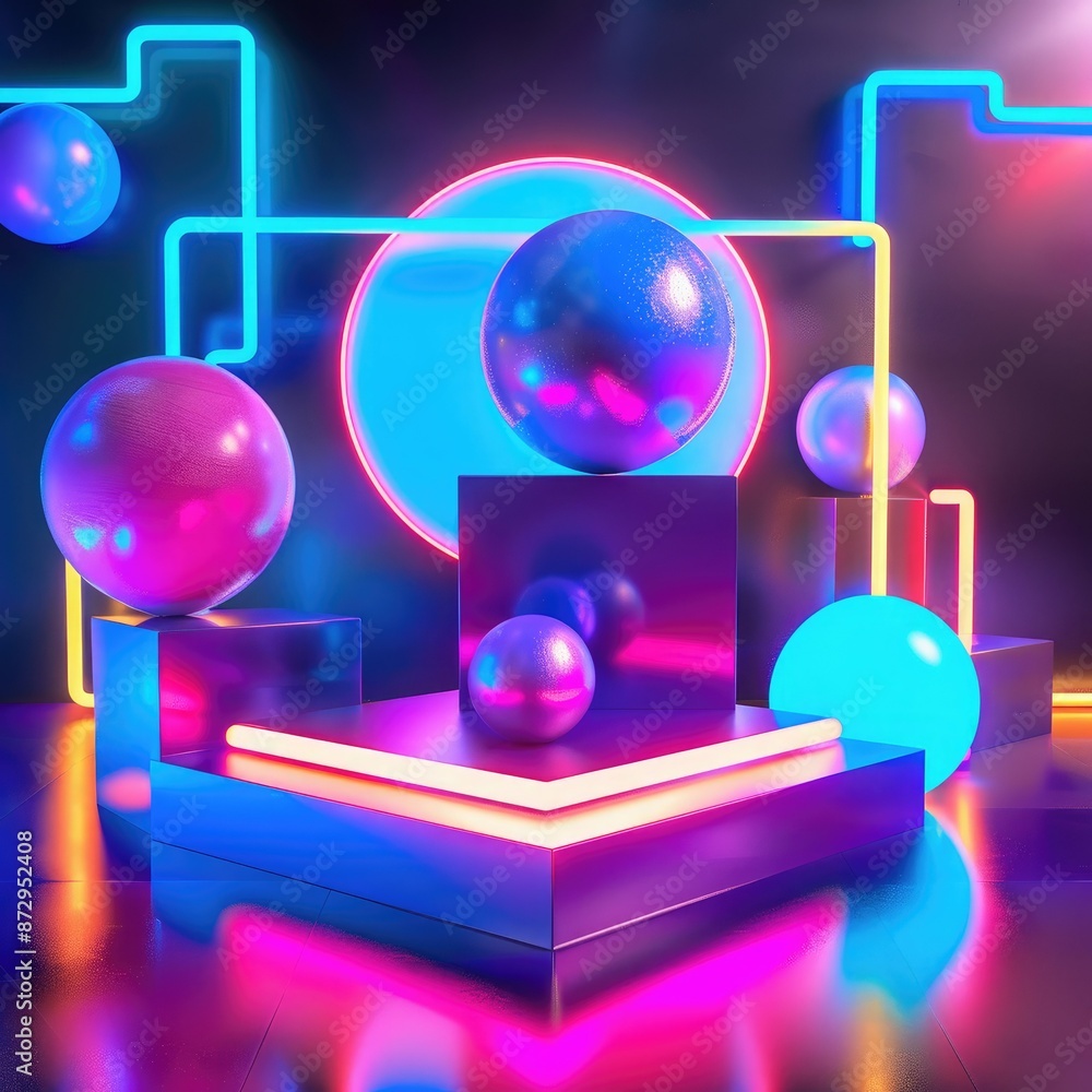 Poster a vibrant neon podium surrounded by geometric shapes such as cubes and spheres, all illuminated by a