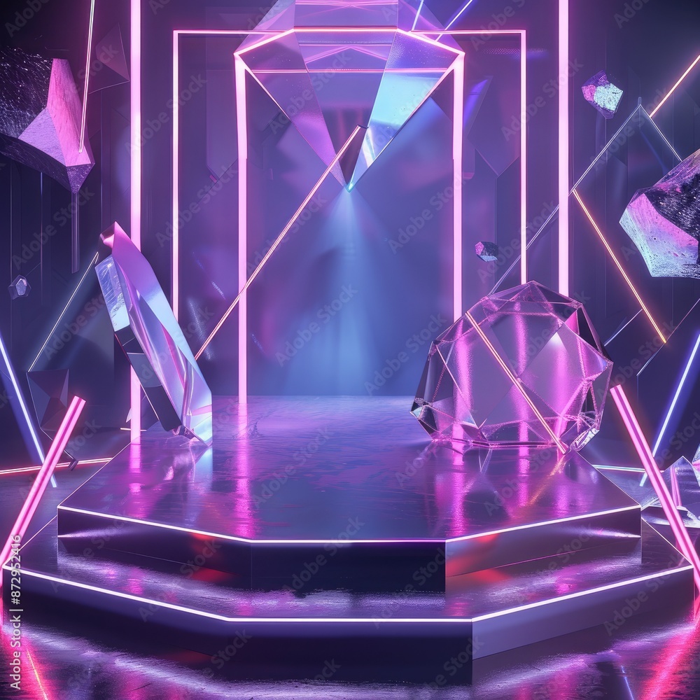 Aufkleber a neon-lit podium with a geometric backdrop of glowing lines and shapes, including diamonds and poly