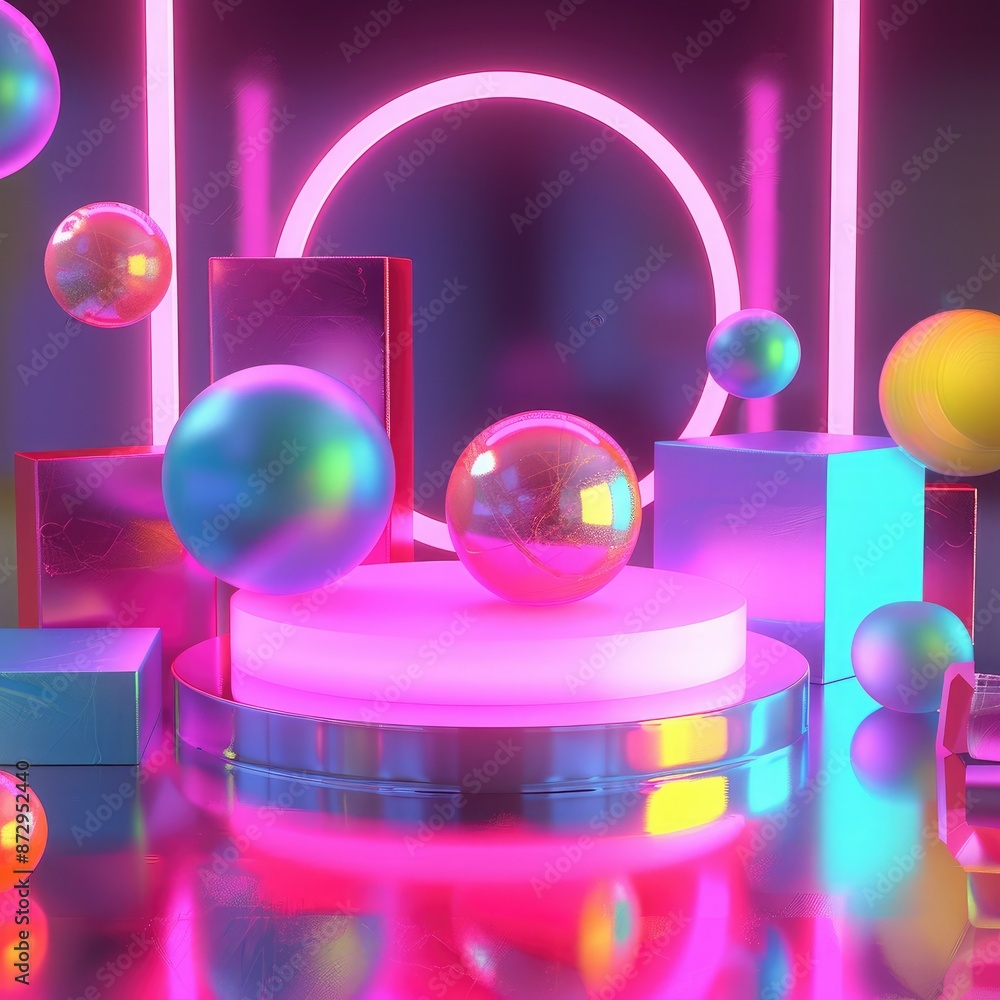 Poster a vibrant neon podium surrounded by geometric shapes such as cubes and spheres, all illuminated by a