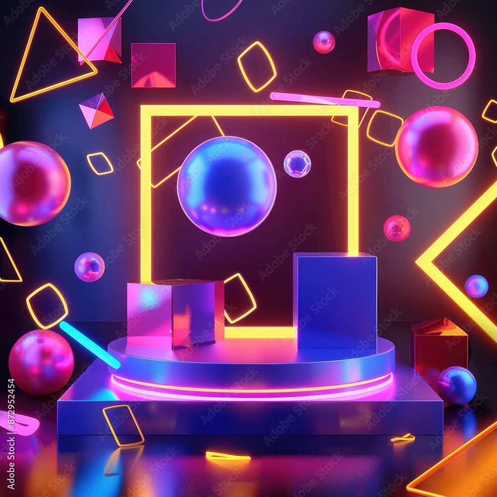 Poster a vibrant neon podium surrounded by geometric shapes such as cubes and spheres, all illuminated by a