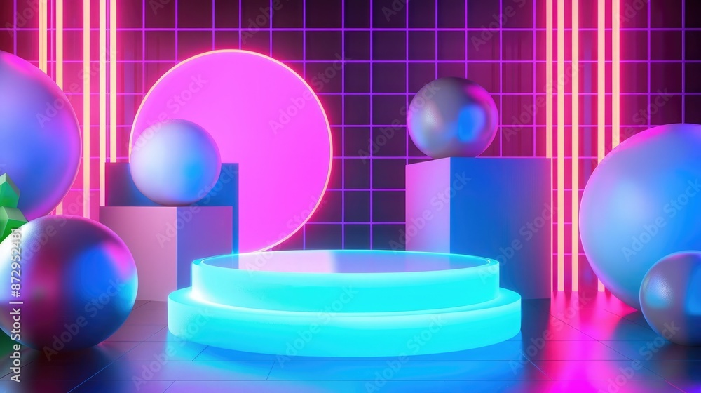 Poster a vibrant neon podium surrounded by geometric shapes such as cubes and spheres, all illuminated by a