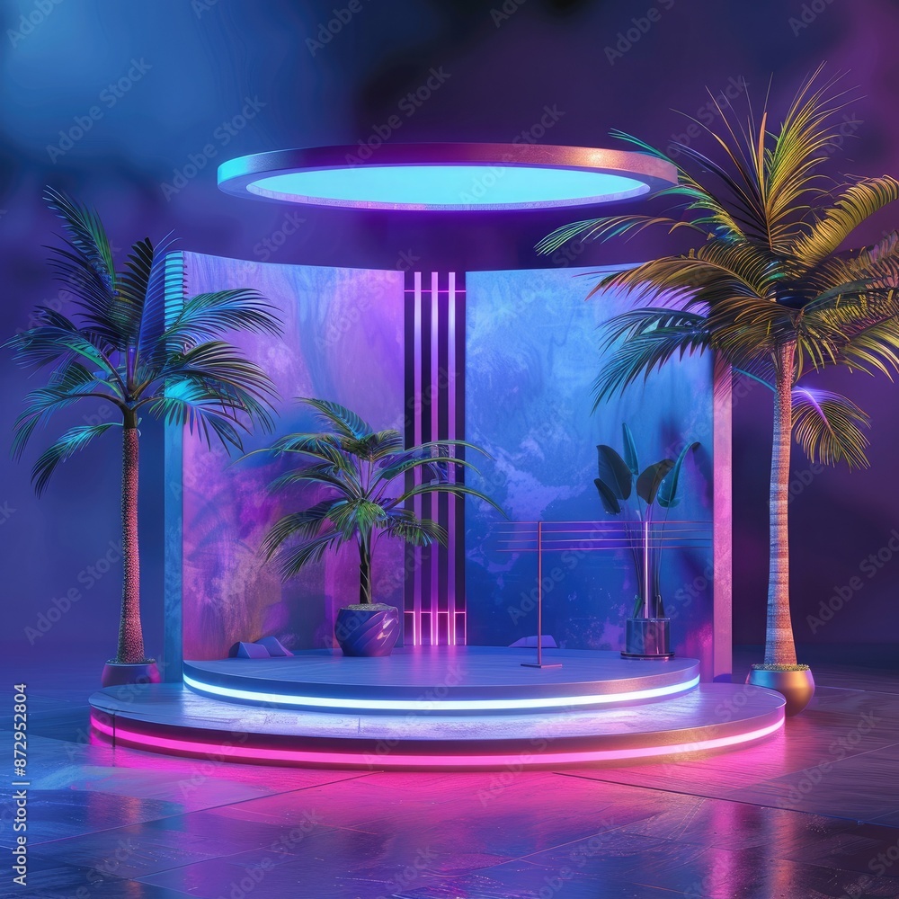 Poster A 3D rendering of an empty product stand with palm trees and neon lights, creating a vibrant and futuristic setting for product display. 