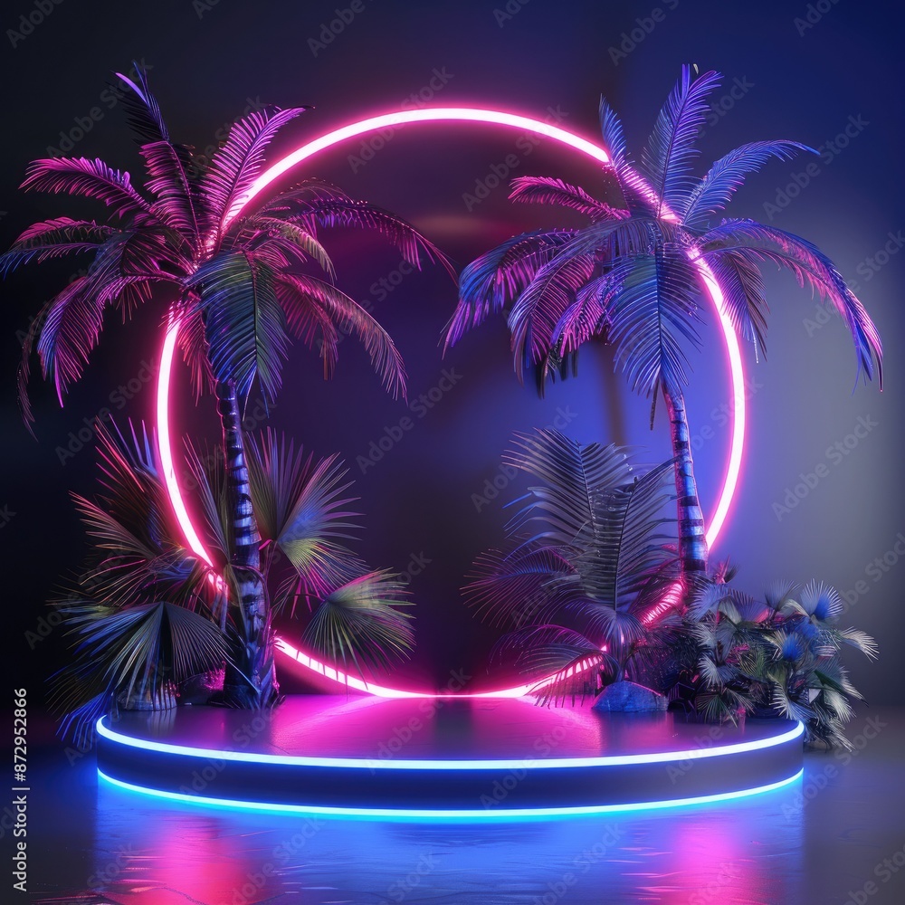 Poster a circular podium surrounded by palm trees and accented with neon blue and pink lights, set against 