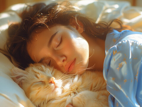 woman wearing sleeping soundly in a sunlit bedroom. cat curls up on her chest, purring contentedly.
