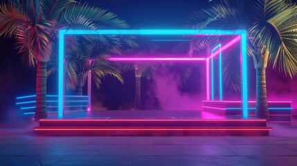 A 3D render of an empty product stand with a tropical vibe, featuring palm trees and neon lights in...