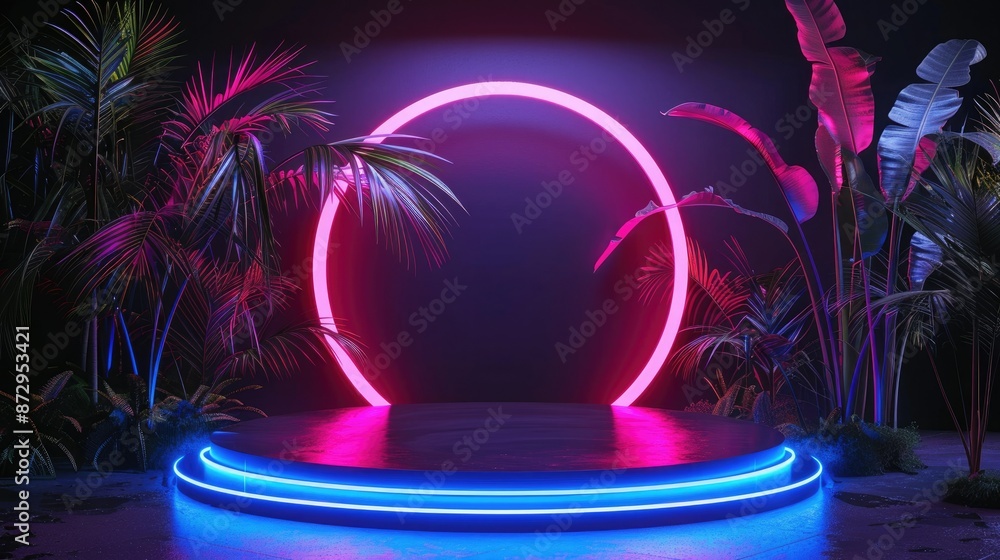Poster a circular podium surrounded by palm trees and accented with neon blue and pink lights, set against 