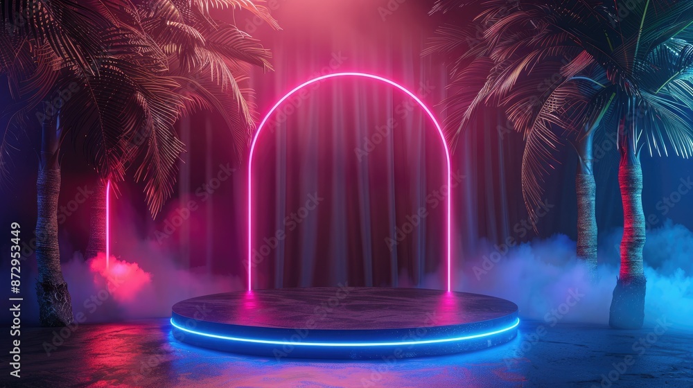 Poster a circular podium surrounded by palm trees and accented with neon blue and pink lights, set against 