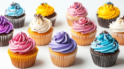 An assortment of colorful cupcakes.