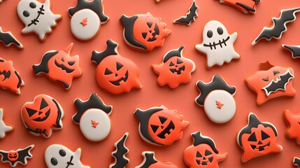 Obraz premium 3D render of Halloween cookies decorated with icing on a pastel salmon background, no peaple