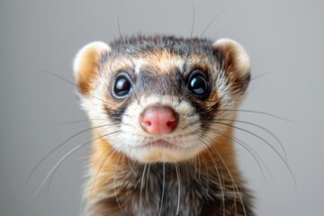 A close-up portrait of a curious ferret with bright, attentive eyes and detailed fur, standing against a neutral grey background, capturing its inquisitive nature