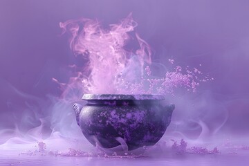 3D render of A witch's cauldron bubbling with potions on a pastel periwinkle background, no peaple