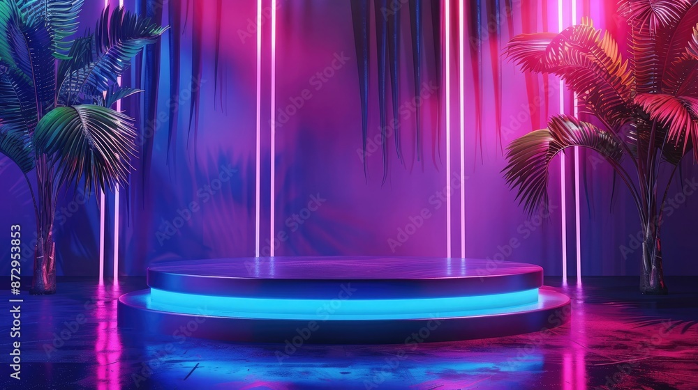 Poster An empty podium with palm trees and neon lights, creating a bold and stylish backdrop for a product display. 