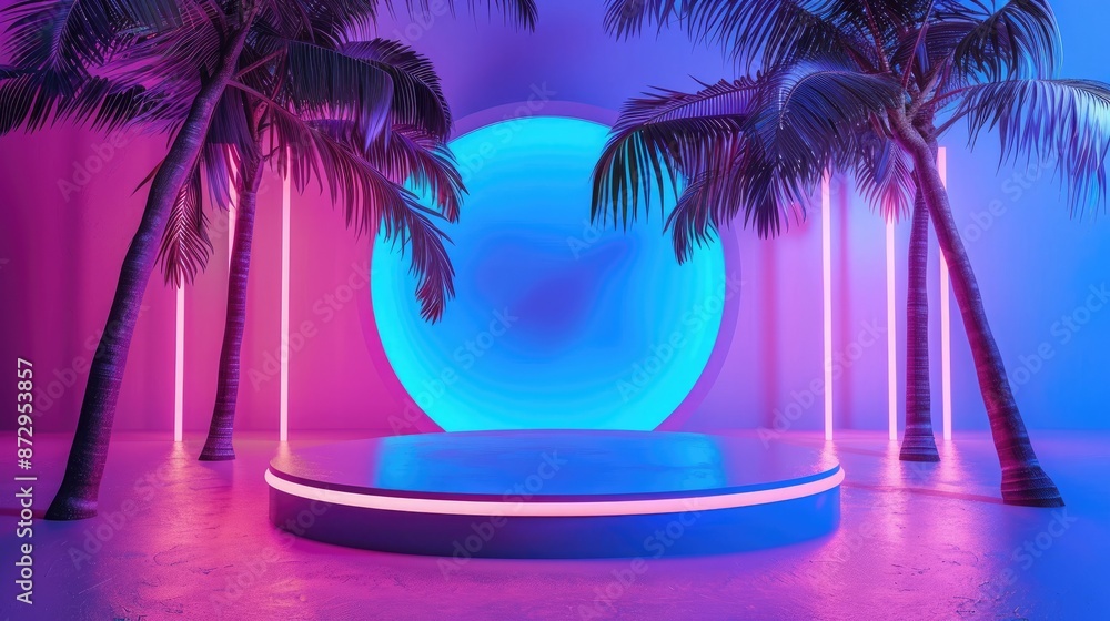 Poster An empty pedestal with palm trees and glowing neon lights, providing a dynamic and eye-catching space for showcasing products. 