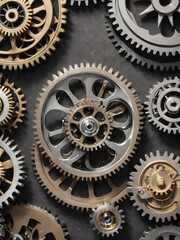 In a symphony of precision, interlocking gears and cogwheels mesh together seamlessly, symbolizing the intricate machinery of industry and the collaborative power of teamwork.