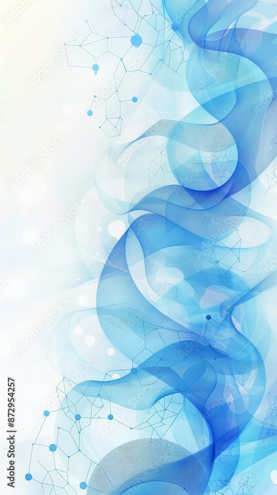 Poster flowing abstract design with molecular structures on a light blue background. suitable for scientifi