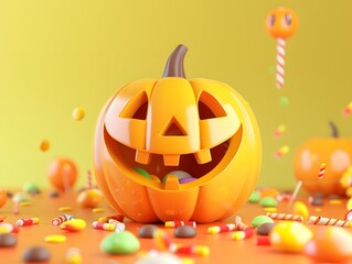 3D render of A smiling jack-o'-lantern with candy on a pastel chartreuse background, no peaple