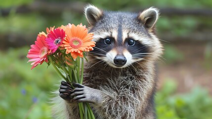 A cute raccoon holding a bouquet of flowers.