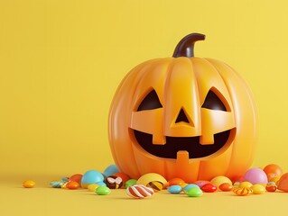 3D render of A smiling jack-o'-lantern with candy on a pastel chartreuse background, no peaple