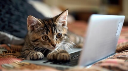 A cat sits in front of a laptop, looking at the screen.