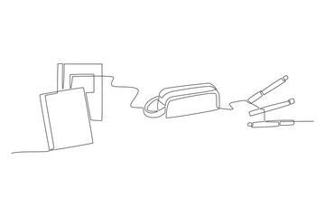 Books, pencil cases and pens. School supplies concept one-line drawing